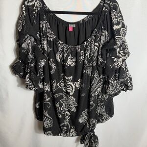Vince Camuto Black White Paisley Ruffle Sleeve Peasant Blouse Size 3X